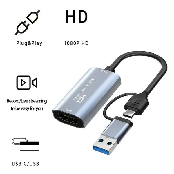-FGNS 4K HDMI til USB 3.0/USB C Video Capture Card, Full HD 1080p Video Capture Card til Game Capture med 2-i-1 Interface til Undervisning, Broadcasting