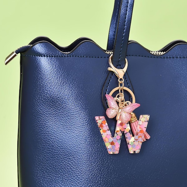 Mode Alphabet Initial Bogstav Nøglering Tassel Butterfly Vedhæng Nøglering til Pung Håndtasker Kvinder Pige Pink Butterfly Letter W