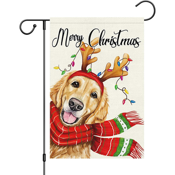 Julehageflagg 12x18 Dobbeltsidig, Burlap Velkommen Vinter Jul Golden Retriever Hund Hage Hageflagg (BARE FLAGG) Christmas