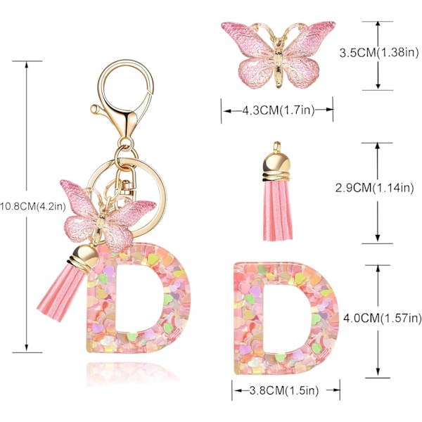 Mode Alphabet Initial Bogstav Nøglering Tassel Butterfly Vedhæng Nøglering til Pung Håndtasker Kvinder Pige Pink Butterfly Letter D