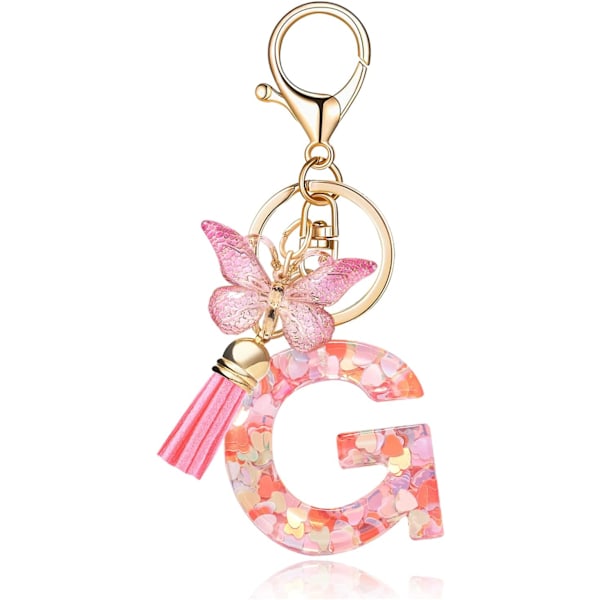 Mode Alphabet Initial Bogstav Nøglering Tassel Butterfly Vedhæng Nøglering til Pung Håndtasker Kvinder Pige Pink Butterfly Letter G