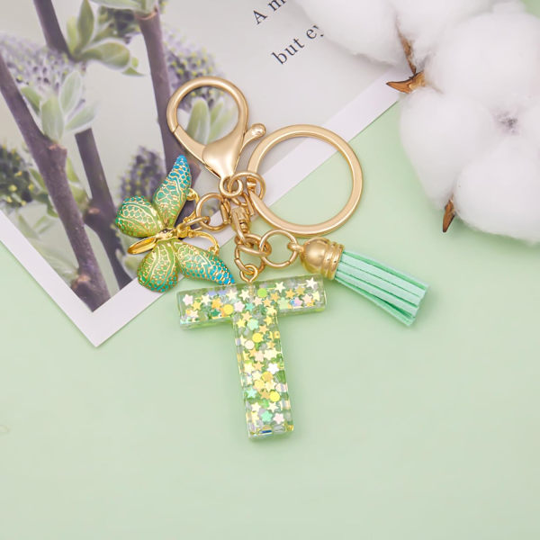 Mode Alphabet Initial Bogstav Nøglering Tassel Butterfly Vedhæng Nøglering til Pung Håndtasker Kvinder Pige Green Butterfly Letter T