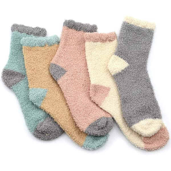 Pehmeät ja lämpimät tossusukat naisille - Superpehmeät mikrokuidut, mukavat nukkumissukat, 6 tai 5 paria 5 Pairs Patchwork Pink