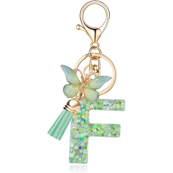 Mode Alphabet Initial Bogstav Nøglering Tassel Butterfly Vedhæng Nøglering til Pung Håndtasker Kvinder Pige Green Butterfly Letter F