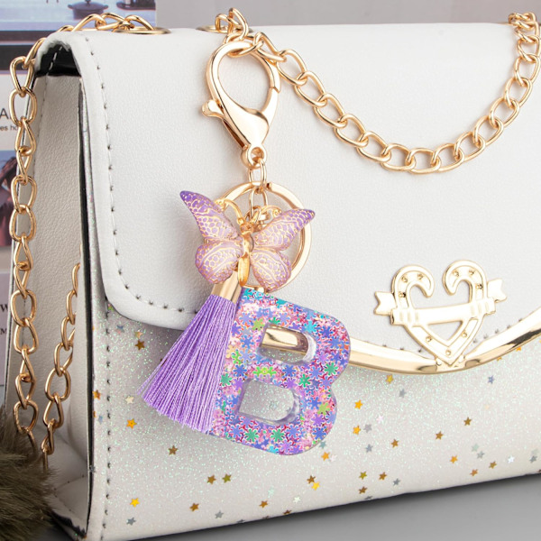 Sødt Rosa Nøglering til Kvinder Piger, Initialbogstav Nøglering med Kvast, Charms til Nøglepung Håndtasker Rygsække Purple Butterfly Letter-b
