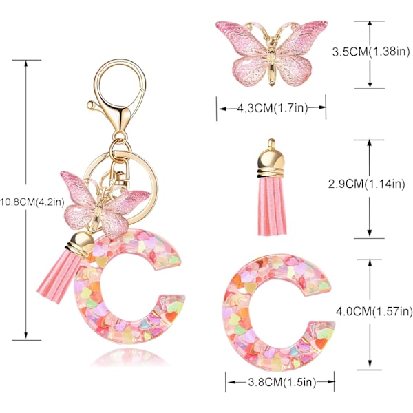 Mode Alphabet Initial Bogstav Nøglering Tassel Butterfly Vedhæng Nøglering til Pung Håndtasker Kvinder Pige Pink Butterfly Letter C