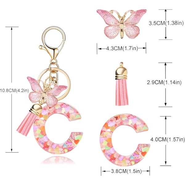 Mode Alphabet Initial Brevkedja Tassel Fjäril Hänge Nyckelring för Plånbok Handväskor Kvinna Flicka Pink Butterfly Letter C