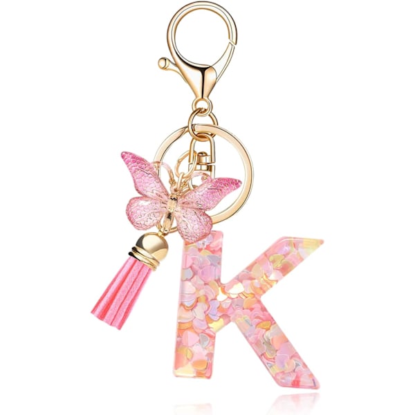 Mode Alphabet Initial Bogstav Nøglering Tassel Butterfly Vedhæng Nøglering til Pung Håndtasker Kvinder Pige Pink Butterfly Letter K