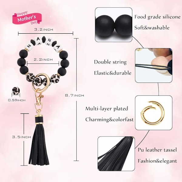 Silikonperle Armbånd Nøglering Håndledsrem Nøglering Bangle Kæder til Kvinder med Læder Kvast Nana-leopard and Black