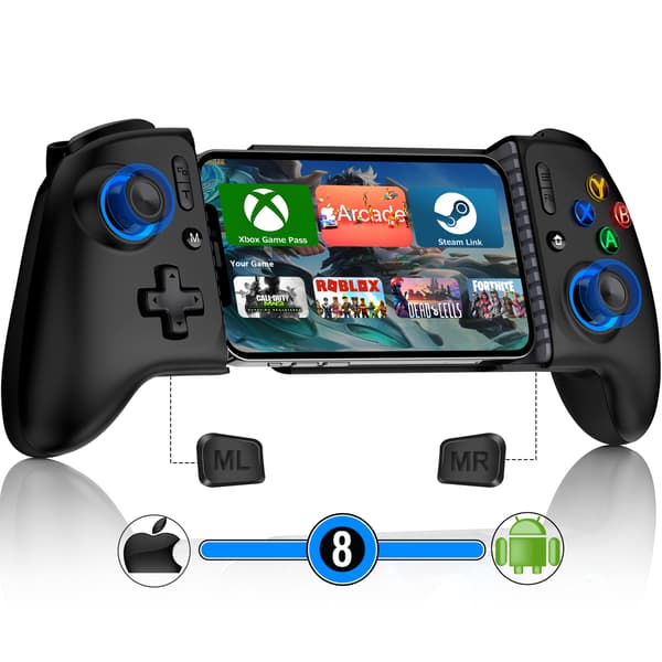 Svart BEBONCOOL Bluetooth Gamepad Kompatibel med Android og iOS Teleskopisk spillkontroller med joystick og Hall Effect-sensor