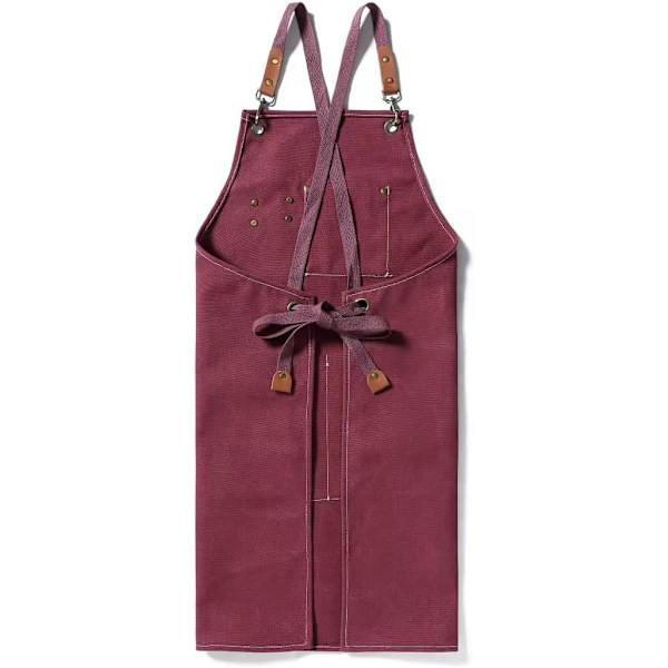 Canvas Forklæde med Krydsryg til Kokke i Bomuld til Mænd og Kvinder med Store Lommer Dark Red