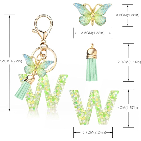 Mode Alphabet Initial Bogstav Nøglering Tassel Butterfly Vedhæng Nøglering til Pung Håndtasker Kvinder Pige Green Butterfly Letter W