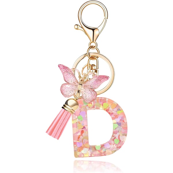 Mode Alphabet Initial Bogstav Nøglering Tassel Butterfly Vedhæng Nøglering til Pung Håndtasker Kvinder Pige Pink Butterfly Letter D