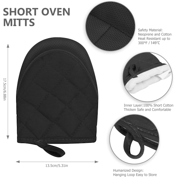 1 Par Kort Ugnvantar - Silikonköksugnshandskar Hög Värmebeständig 500℉, Mini Ugnvantar med Halksäkra Greppytor (Svart) Black