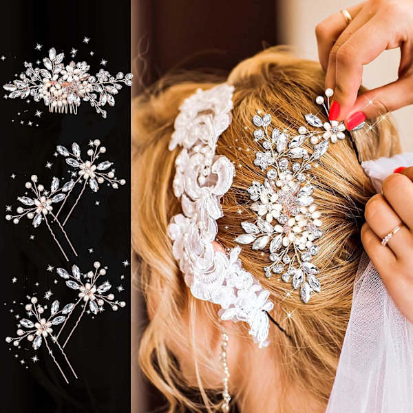 5 stk. Bryllupshårkam Brude Hårnåle Krystal Perle Hårtilbehør Rhinestone Blomster Hårstykke til Bryllup Brud Kvinder (Rose Gold, Klassisk Stil) Rose Gold