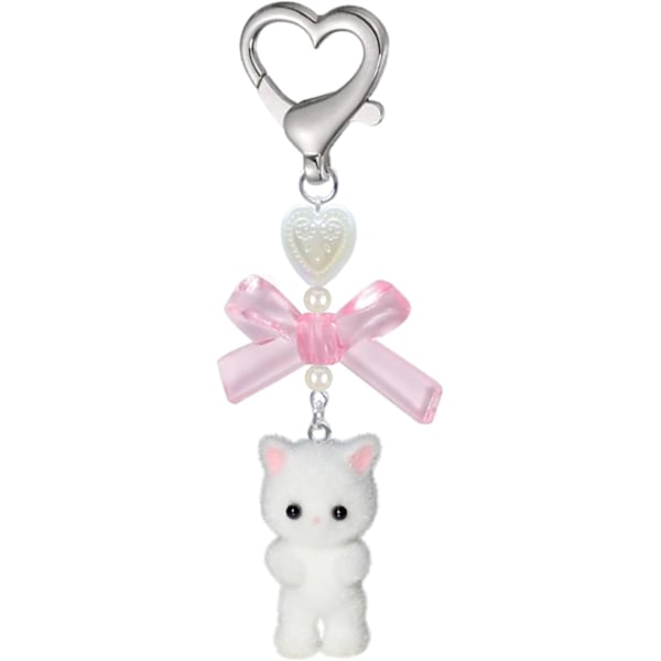 Söt Katt Nyckelring, Luddig Kitty Cat Dekorationspresenter Kattälskare Hjärta Rosett Hängsmycke Kvinnor Flickor Kawaii Katt Väska Charm White