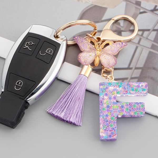 Sødt Rosa Nøglering til Kvinder Piger, Initialbogstav Nøglering med Kvast, Charms til Nøglepung Håndtasker Rygsække Purple Butterfly Letter-f