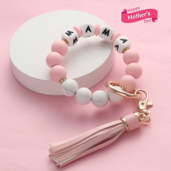 Silikonperle Armbånd Nøglering Håndledsrem Nøglering Bangle Kæder til Kvinder med Læder Kvast Mama-pink
