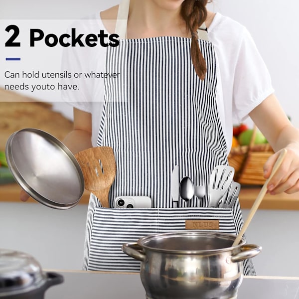 2-pack Köksförkläden, Justerbar Bib Mjuk Kockförkläde med 2 Fickor för Män Kvinnor Marinblå Navy Blue