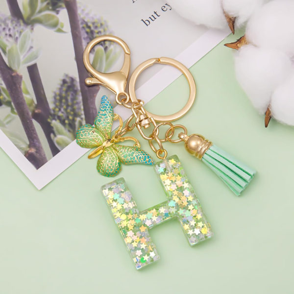 Mode Alphabet Initial Bogstav Nøglering Tassel Butterfly Vedhæng Nøglering til Pung Håndtasker Kvinder Pige Green Butterfly Letter H