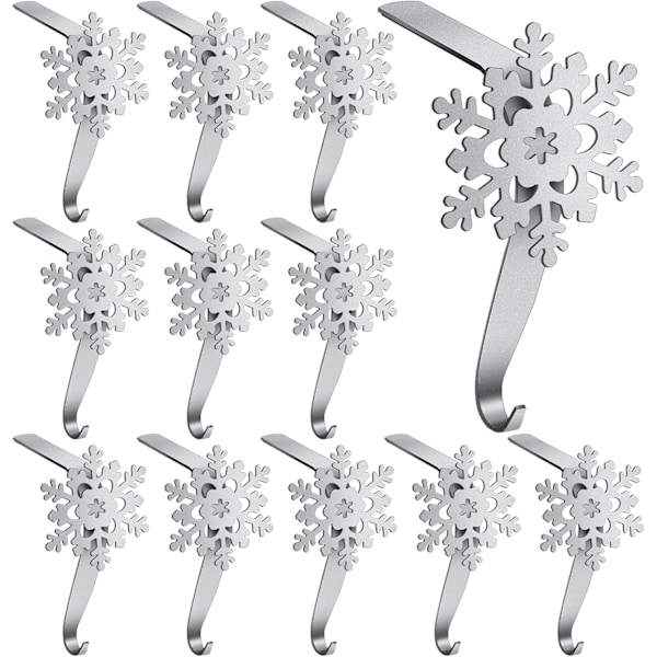 12 stycken snöflinga julstrumpehållare för mantel Julstrumpor krokar strumpehållare strumpehållare (silver)