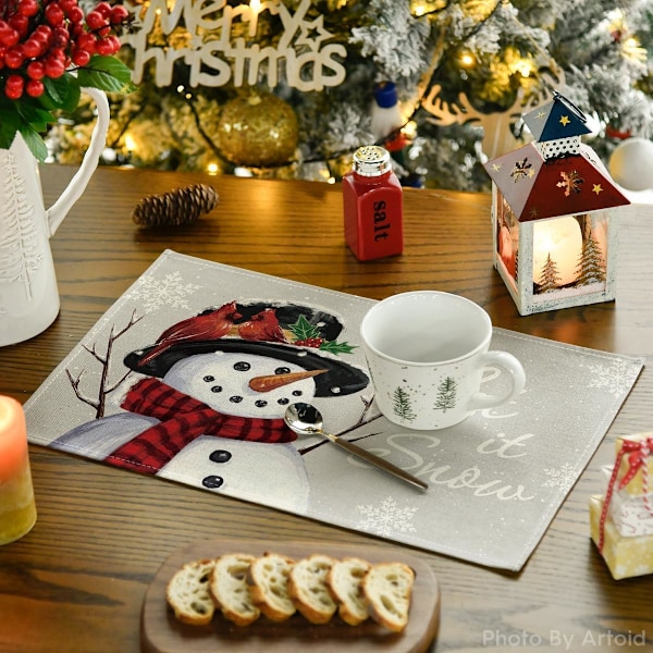 Punainen Lumimies Let It Snow -talvipöytäliinat, 4 kpl, 12x18 tuumaa, jouluiset pöytäliinat juhliin, keittiöön ja ruokailuun Silver