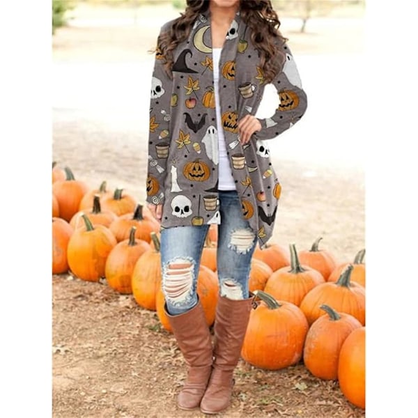 Dam Cardigan med Halloween Pumpa Katt Tryck Stickad Långärmad Öppen Fram Knitted Tröja Ytterkläder Toppar 2XL