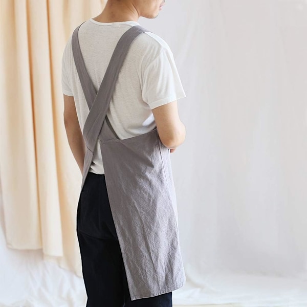 Japansk Stil Linbomullsforkle med Kryssrygg og Lommer for Kvinner, Menn og Kokker - Kjøkken, Matlaging, Baking Men's Size Grey