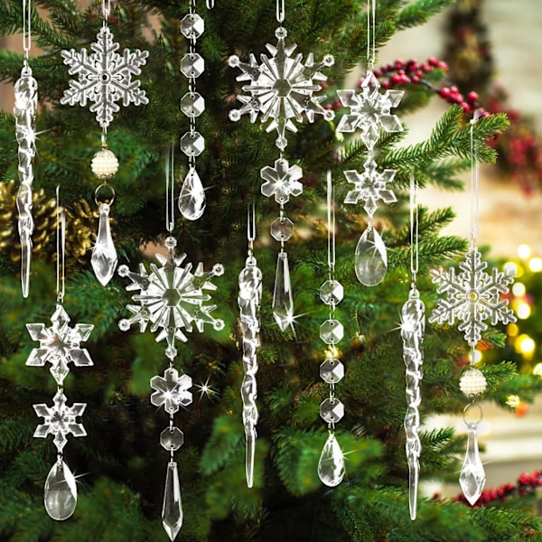 10 st Kristalljulkulor för Träddekorationer - Hängande Akryl Snöflinga Iskristall Dekorationer med Dropphängen för Vinterland Chandelier