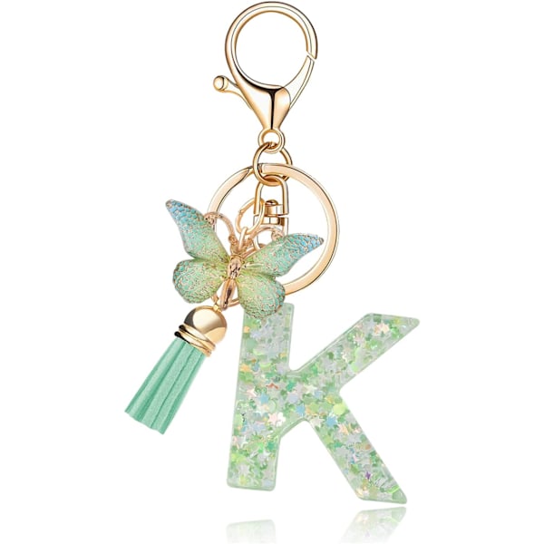 Mode Alphabet Initial Bogstav Nøglering Tassel Butterfly Vedhæng Nøglering til Pung Håndtasker Kvinder Pige Green Butterfly Letter K
