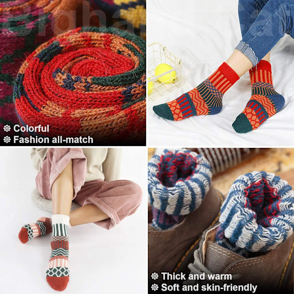 5 Par Dame Vintage Stil Tykke Uld Varme Vinter Strømper A11