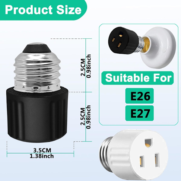 3 stk 3-pinners lyskontakt til pluggadapter, E26/E27 lyskontaktuttak, polarisert lyskontakt adapter, 2/3-pinners uttakssplitterkonverter