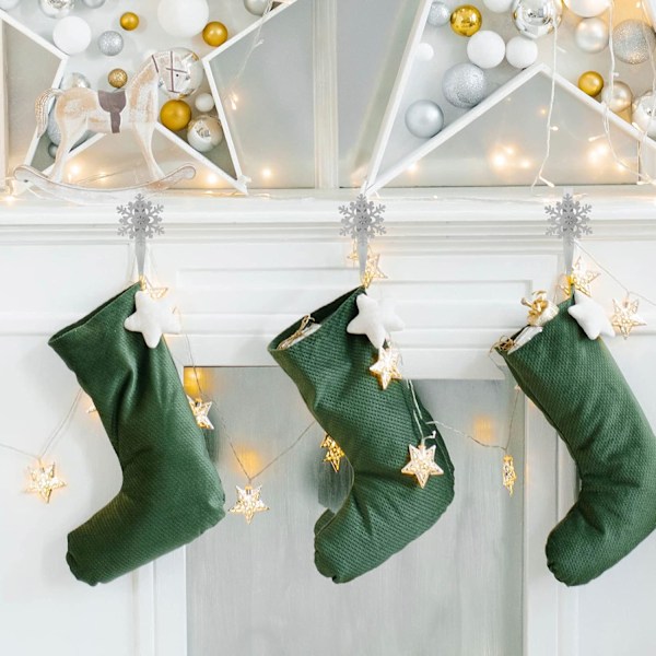 12 stycken snöflinga julstrumpehållare för mantel Julstrumpor krokar strumpehållare strumpehållare (silver)