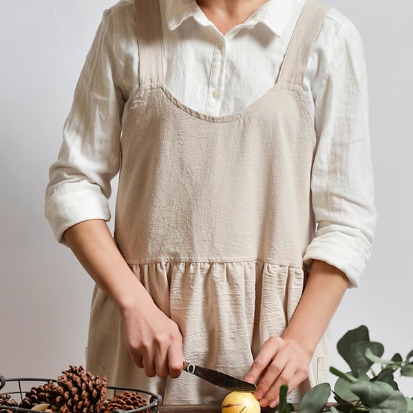 Sööt naiste ja tüdrukute puuvillane linane ettepoeg, vintage küpsetamise, köögi, toiduvalmistamise, aiatööde tööettepoeg, pinafore kleit Apricot-03