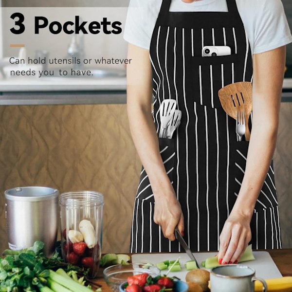 2-pack Köksförkläden, Justerbar Bib Mjuk Kockförkläde med 2 Fickor för Män Kvinnor Mörkt Svart/Vit-2 H