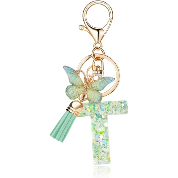 Mode Alphabet Initial Bogstav Nøglering Tassel Butterfly Vedhæng Nøglering til Pung Håndtasker Kvinder Pige Green Butterfly Letter T