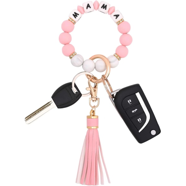 Silikonperle Armbånd Nøglering Håndledsrem Nøglering Bangle Kæder til Kvinder med Læder Kvast Mama-pink