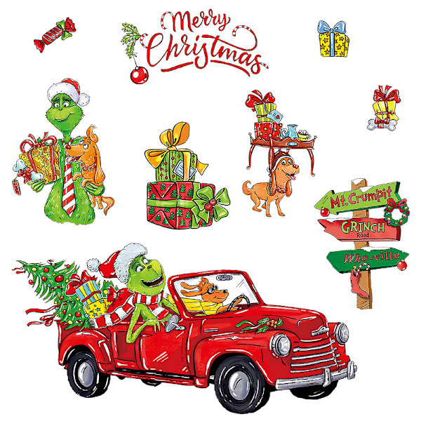 Grinch Veggdekor - 17 stk i 2 ark med PVC Juledekorasjoner for vegger og vinduer, Tegneseriefilm - tema for julemagi