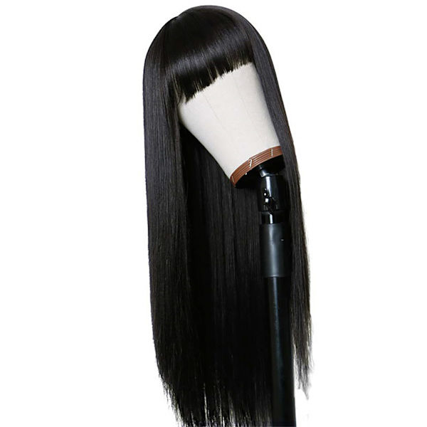 Mote lang rett parykk myk elastisk fluffy egnet for kvinner parykk med smell egnet for daglig cosplay fest svart