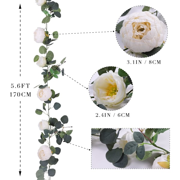 2 stk. Kunstig Eucalyptuskrans med Blomst, 8 Hoder Pionblomst Vines, Grønn Blomsterkrans Dekorasjon for Bryllupsbue, Vegg Bakgrunn, Bryllup white