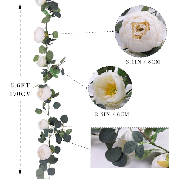 2 stk. Kunstige Eucalyptus Girlander med Blomst, 8 Hoveder Peonblomst Vines, Grøn Blomst Girlander Dekoration til Bryllupsbue, Vægbakgrund, Bryllup white