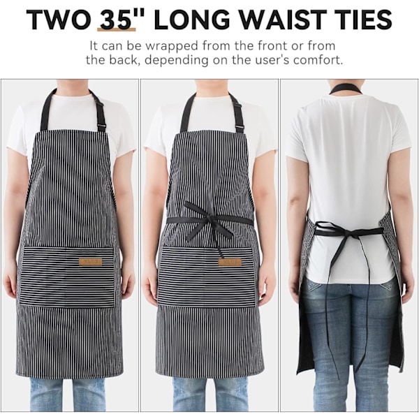 2-pack Köksförkläden, Justerbar Bib Mjuk Kockförkläde med 2 Fickor för Män Kvinnor Svart Randig A
