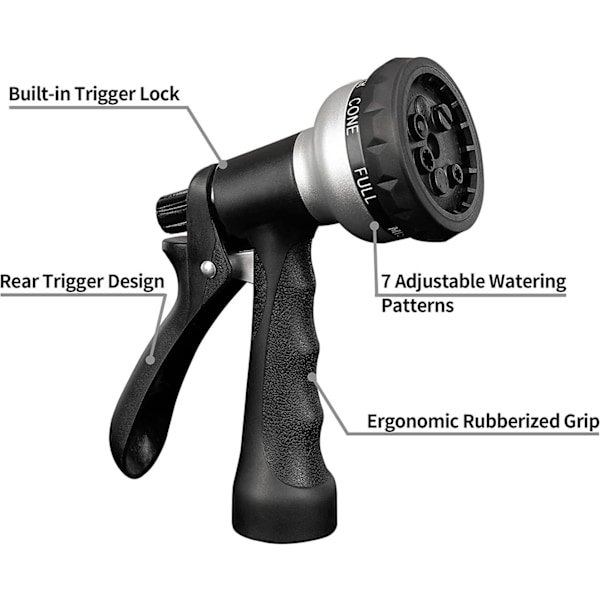 Hageslangemunnstykke, ABS Vann Sprøytemunnstykke med 7 Justerbare Vanningsmønstre, Sklisikkert for Planter, Plen, Bilsvask, Rengjøring