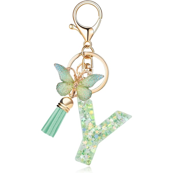 Mode Alphabet Initial Bogstav Nøglering Tassel Butterfly Vedhæng Nøglering til Pung Håndtasker Kvinder Pige Green Butterfly Letter Y