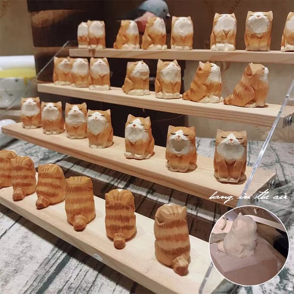 2 stk. Håndlavet Træ Kat Statue til Skrivebordsdekoration, Mini Dyreskulptur Gave