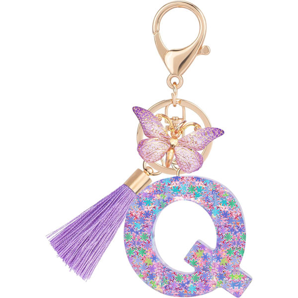 Sööt roosad võtmehoidjad naistele ja tüdrukutele, algustähega võtmehoidjad tutiga, ripatsid võtmetele, rahakotile, käekottidele ja seljakottidele Purple Butterfly Letter-q