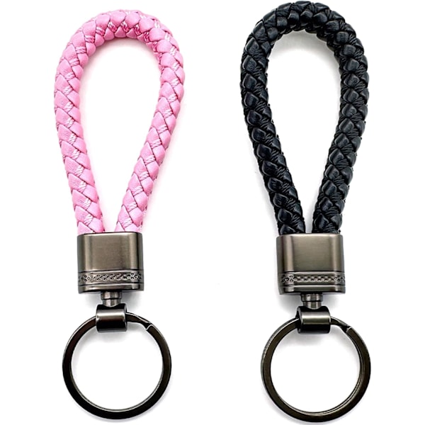 2 stk Håndvævede Flettede Læder Nøgleringe, Nøglering Remme til Mænd og Kvinder, Metal Nøglering til Hjemmebilnøgler Pink