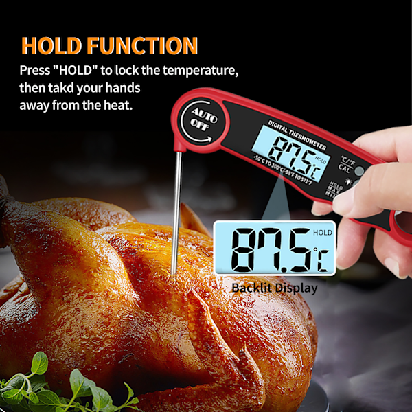 Digital Kötttermometer, 3s Instant Läsning Kocktermometer, Vikbar Sond Grilltermometer med Hög Noggrannhet, Bakgrundsbelyst LCD-Skärm