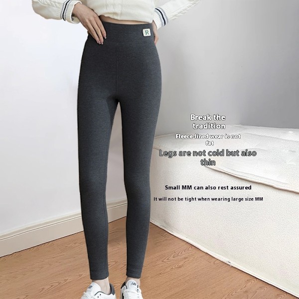 Djupgrå höst-vinter damer supertjocka fleecefodrade leggings med ribbade vertikala ränder, hög midja, bekväma och varma, korta för ytterkläder M (70-90 catties)