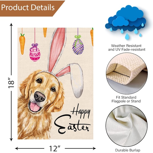 Glædelig Jul Haveflag 12x18 Dobbeltsidet, Burlap Velkommen Vinter Jul Golden Retriever Hund Havegård Flag (KUN FLAG) #03280-Easter